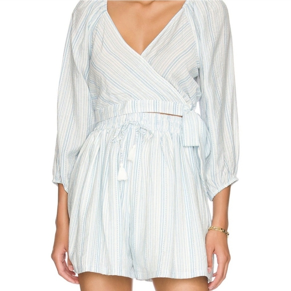 NWT BCBGENERATION Blue and White Striped Tie Side Faux Wrap Crop Top Size M - Picture 3 of 6